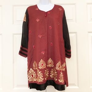 NWT Kashkha Authentic Traditional Kurti Kurta Indian Tunic Maroon Gold Black